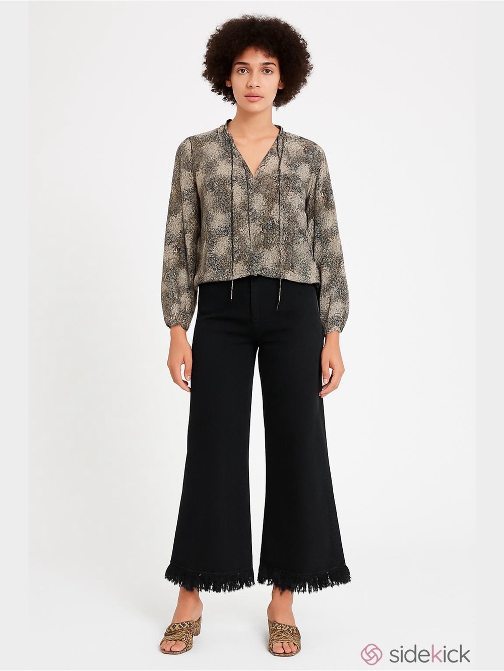 Three Dots Boho Patchwork Print Tie Neck Peasant Blouse S